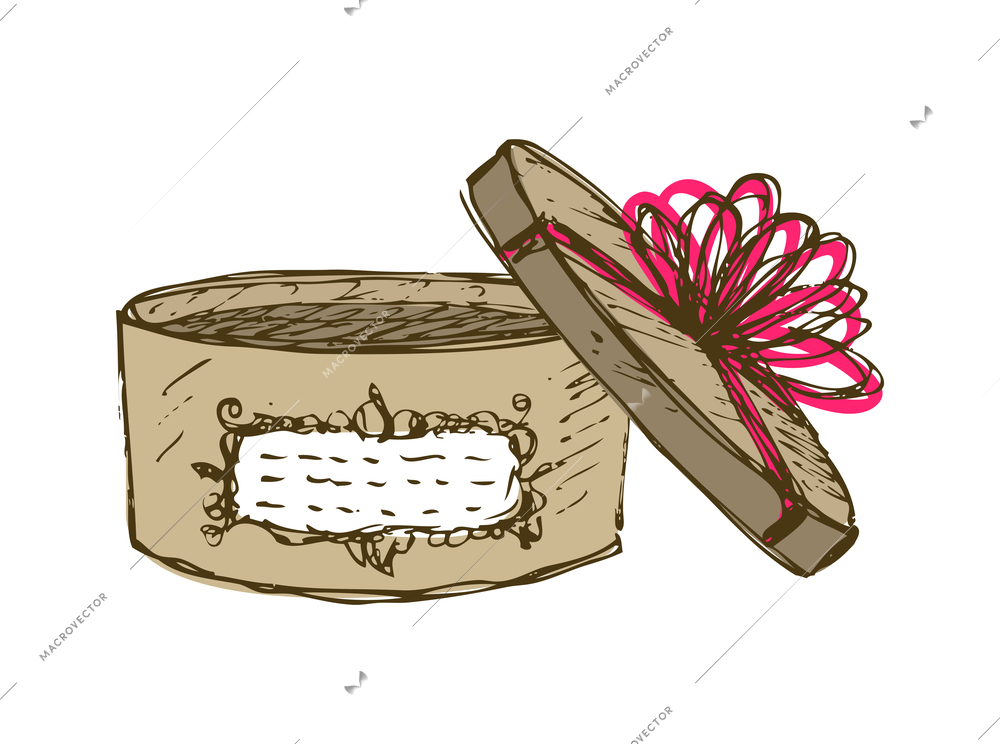 Vintage box hats composition with isolated colored hand drawn style image of round gift box with ribbon bow vector illustration