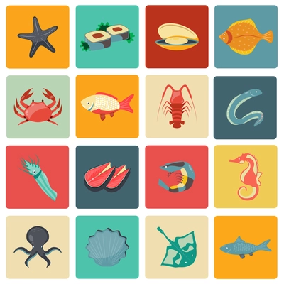 Seafood icons flat set with seahorse eel stingray sushi isolated vector illustration