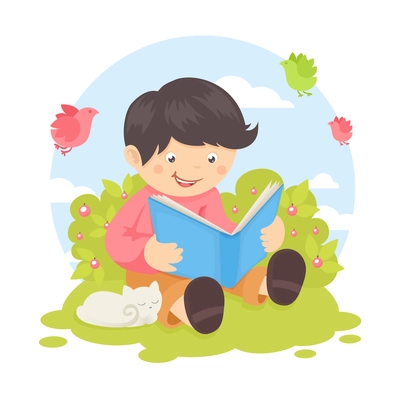 Boy reading book outdoors with cat and birds on background poster vector illustration