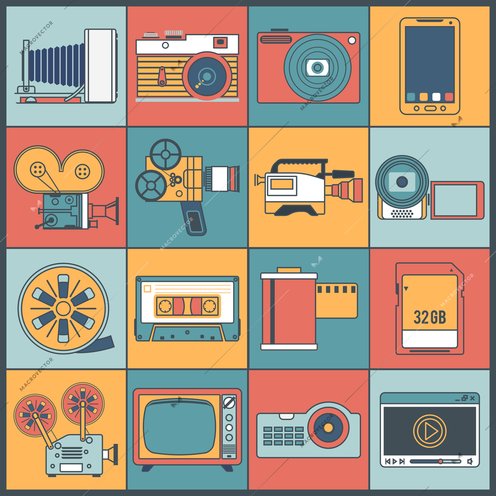 Photo video multimedia devices icons flat line set isolated vector illustration