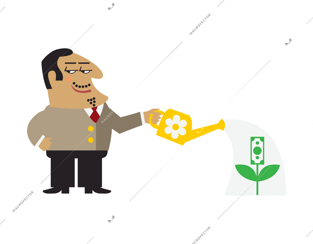 Businessman watering money tree composition with cartoon character of boss watering flower with banknote vector illustration