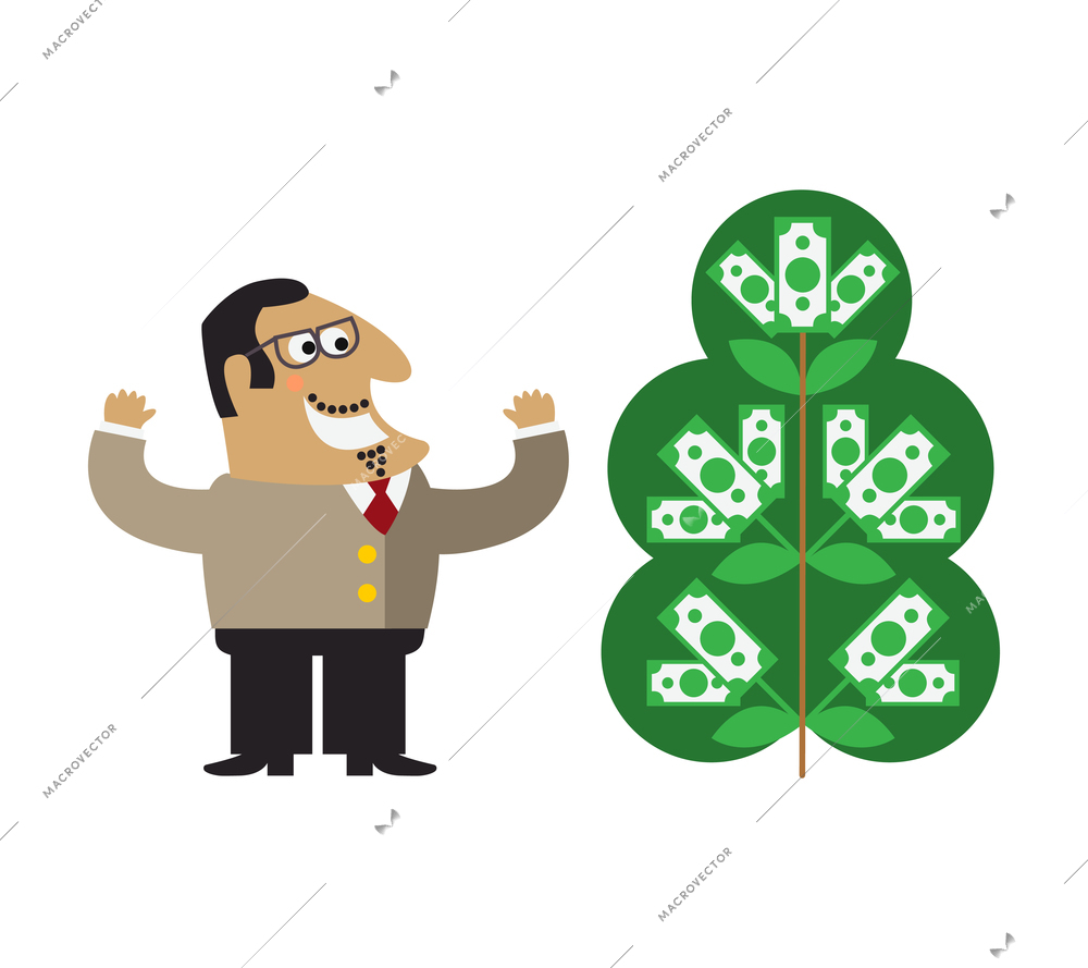 Businessman watering money tree composition with cartoon character of happy boss with grown money tree vector illustration