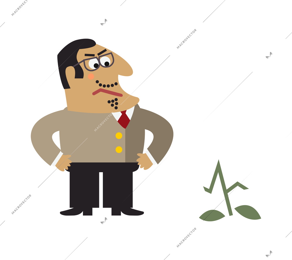 Businessman watering money tree composition with cartoon character of troubled boss with dried flower vector illustration