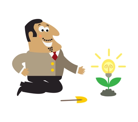 Businessman watering money tree composition with cartoon character of boss with shovel and idea lamp flower vector illustration