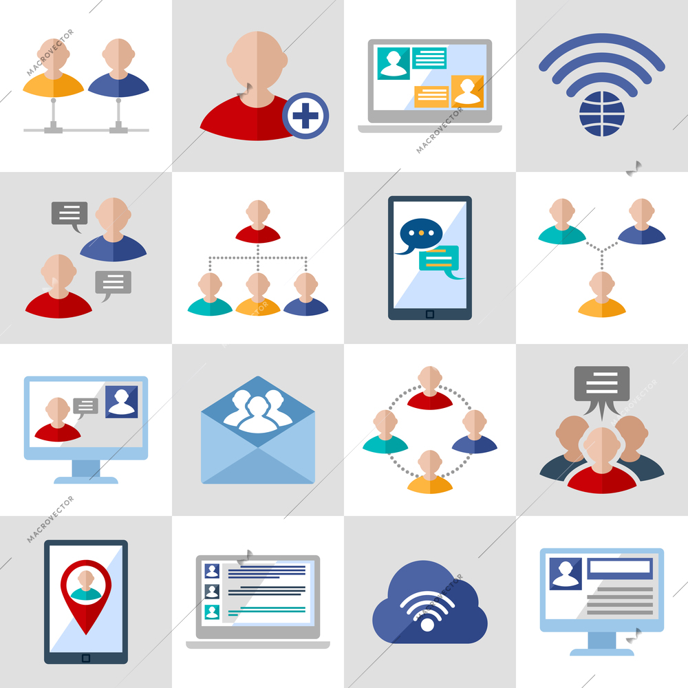 Global people communication social media network icons set isolated vector illustration