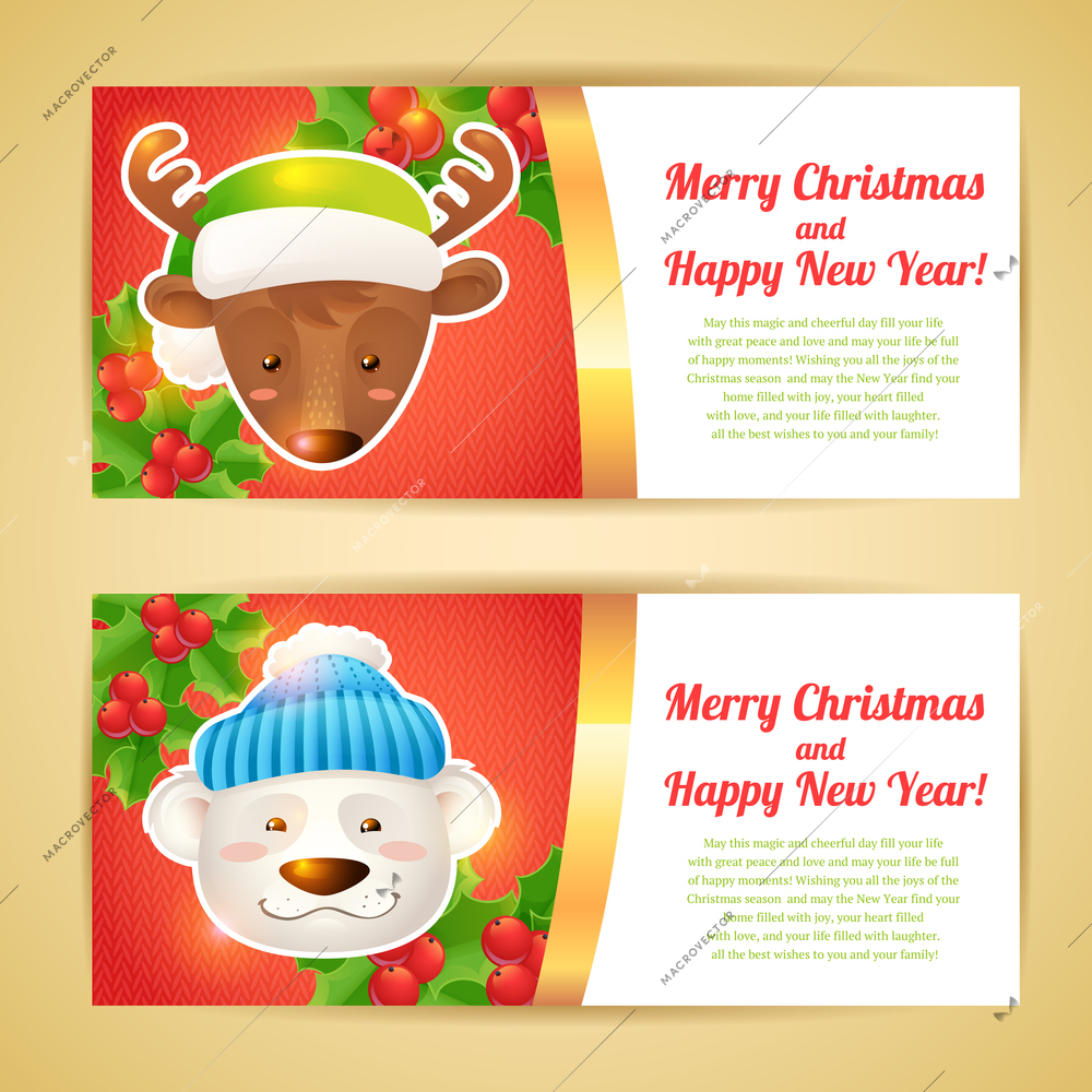 Merry christmas horizontal banners with deer and polar bear isolated vector illustration