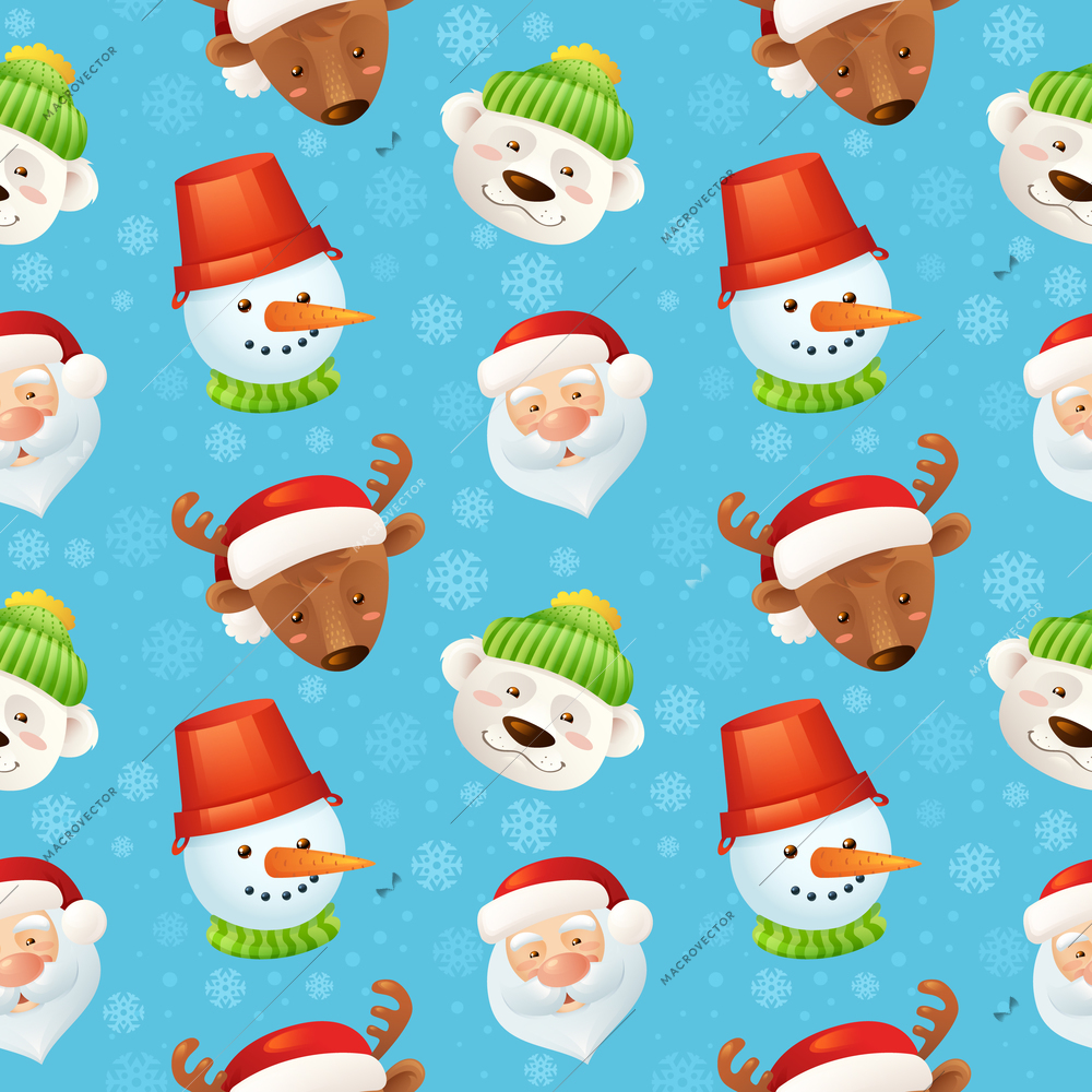 Christmas characters seamless pattern with santa claus deer snowman polar bear on blue snowflake background vector illustration