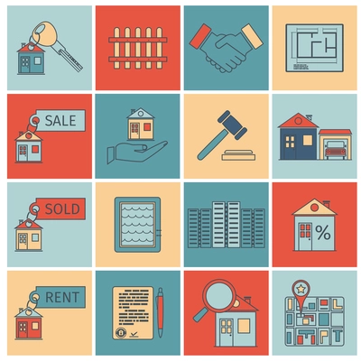 Real estate flat line icons set of house apartment and commercial property isolated vector illustration