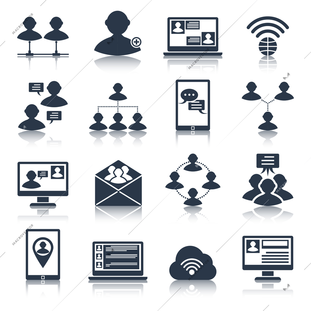 Global people communication social media network connection black icons set isolated vector illustration