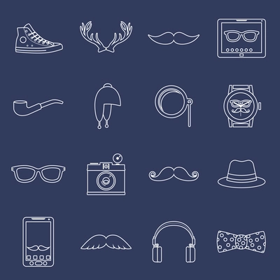 Hipster geek urban fashion elements and accessories outline icons set with glasses hat gumshoes isolated vector illustration