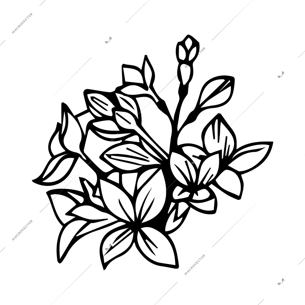 Floral elements composition with monochrome image of flower with leaves and buds vector illustration