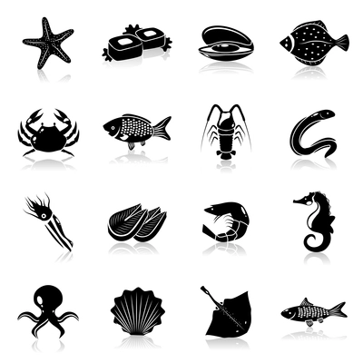 Seafood icons black set with starfish prawn lobster clam isolated vector illustration