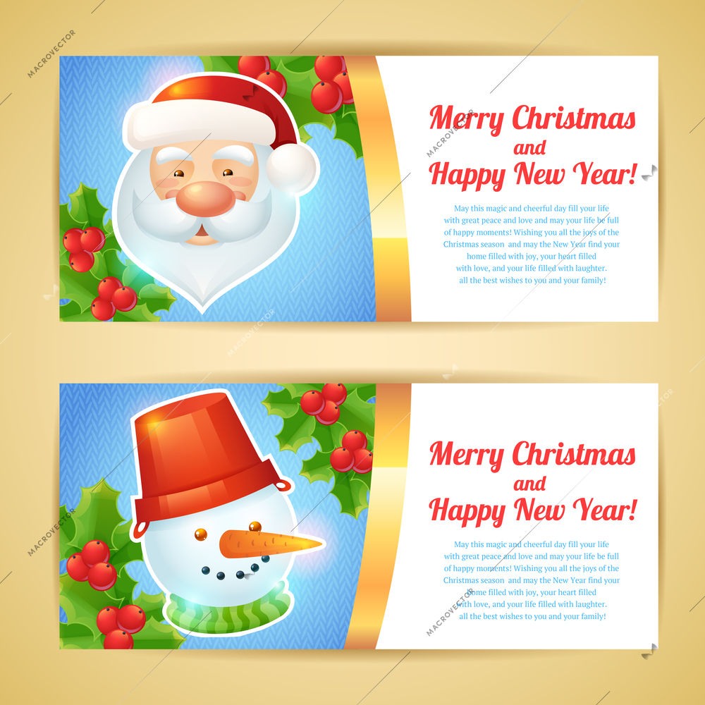 Merry christmas horizontal banners with santa claus and snowman isolated vector illustration