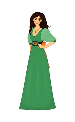 Beautiful girl composition with isolated female character of brunette girl wearing long green dress vector illustration