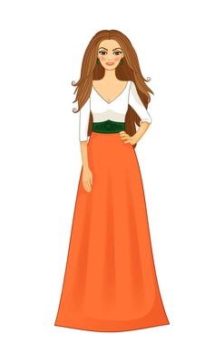 Beautiful girl composition with isolated female character of brown haired girl wearing long orange dress vector illustration