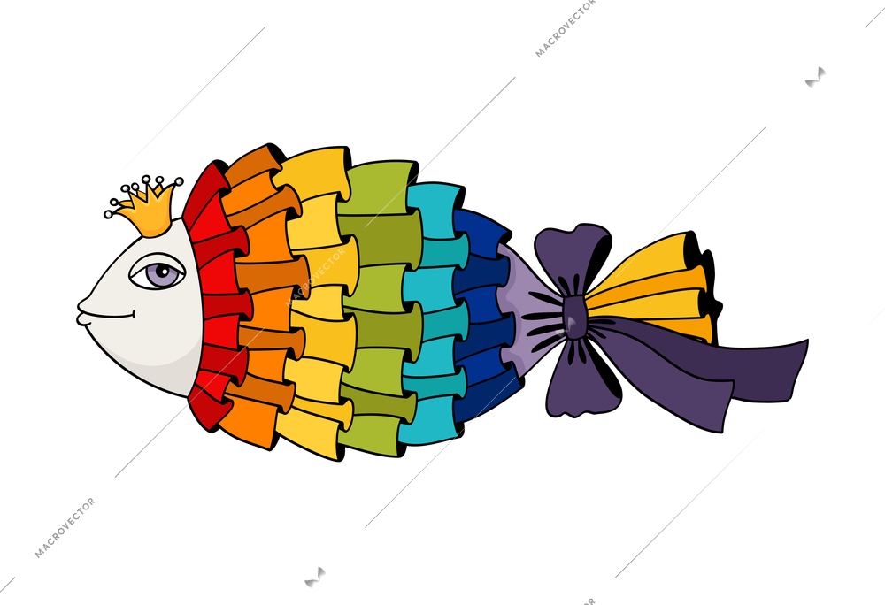 Rainbow fish coloring composition with colored cartoon style image of fish on blank background vector illustration