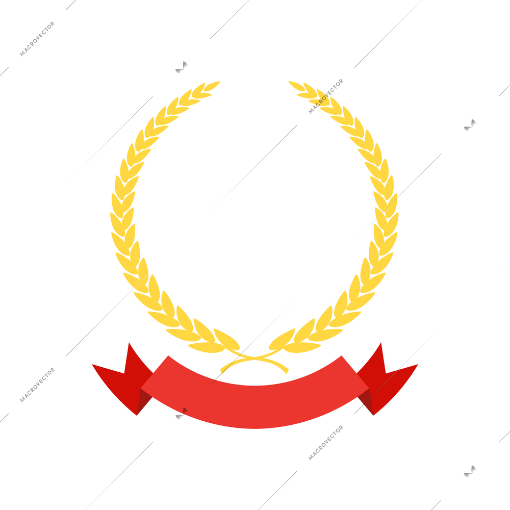 Badges composition with isolated image of golden laurel wreath with red ribbon and empty space vector illustration