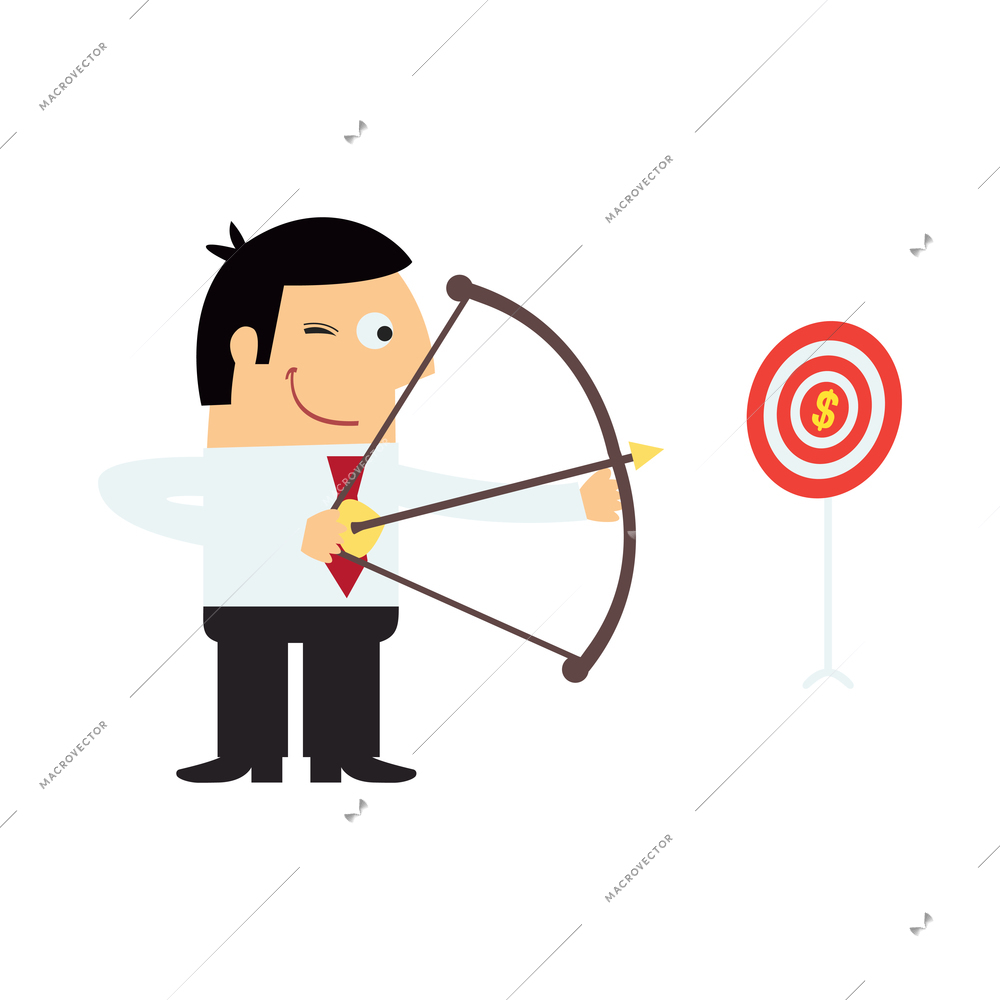 Business purpose composition with isolated cartoon style character of manager holding bow with target vector illustration