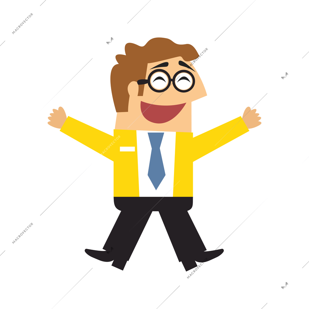 Staff emotions poses composition with isolated cartoon style character of happy business worker vector illustration