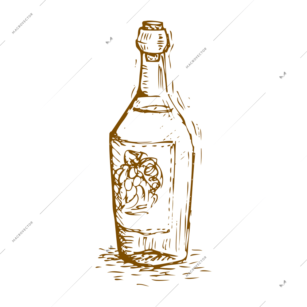 Wine composition with isolated image of hand drawn style bottle of wine on blank background vector illustration
