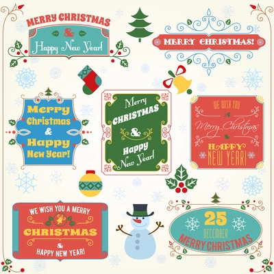 Merry christmas and happy new year holiday decoration colored labels with wishes set vector illustration