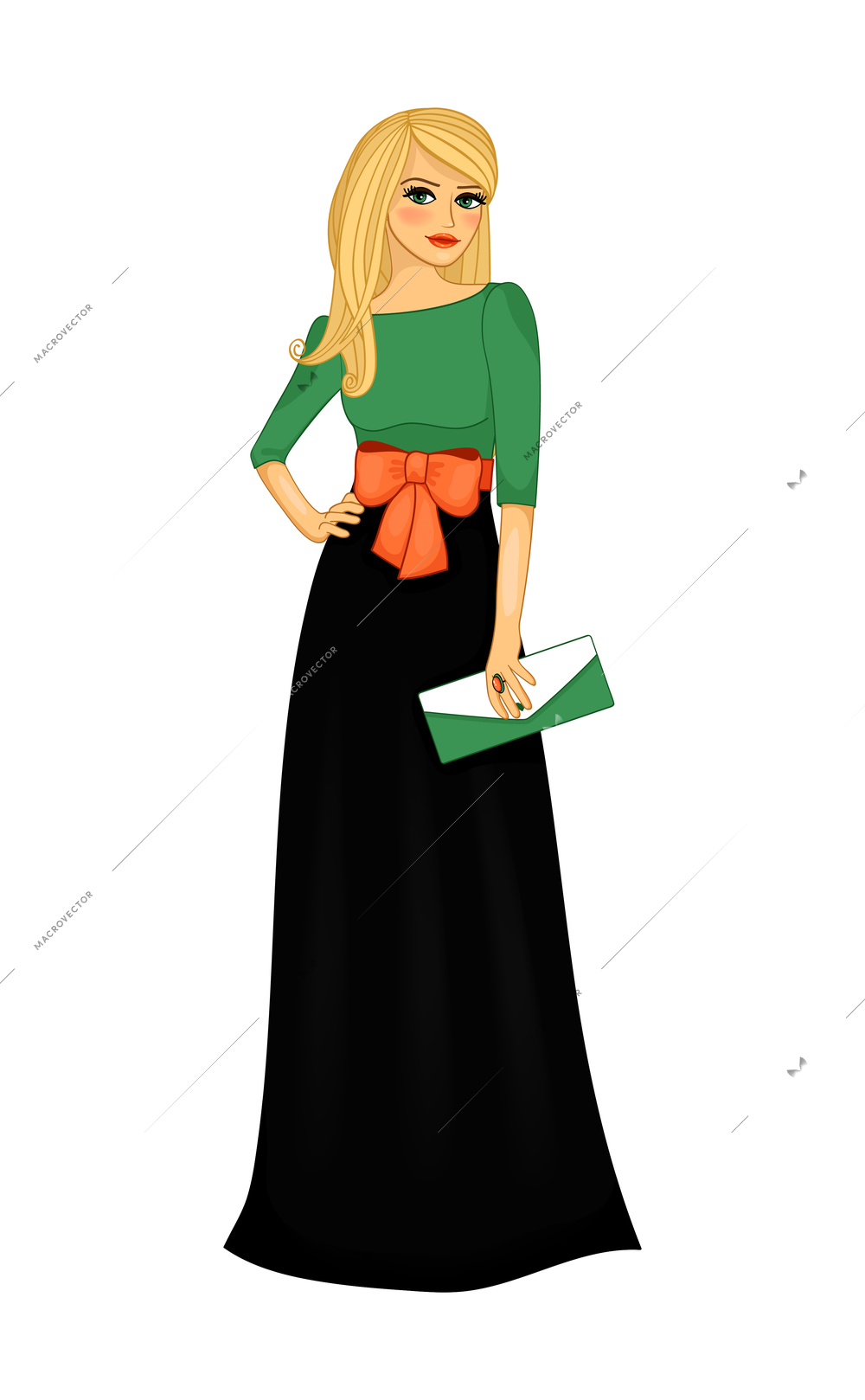 Beautiful girl composition with isolated female character of blonde girl wearing long black dress vector illustration