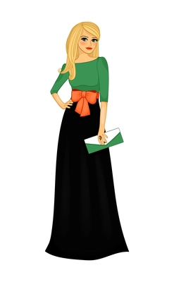 Beautiful girl composition with isolated female character of blonde girl wearing long black dress vector illustration