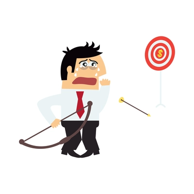 Business purpose composition with isolated cartoon style character of crying manager with arrow not reaching target vector illustration