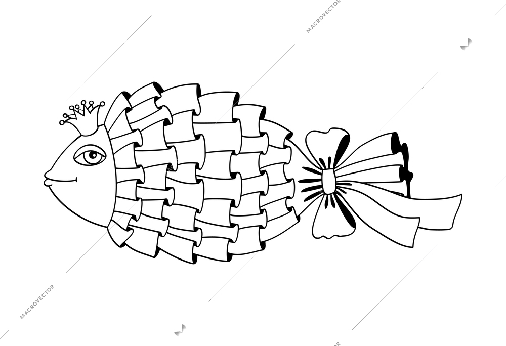 Rainbow fish coloring composition with non colored cartoon style image of fish on blank background vector illustration