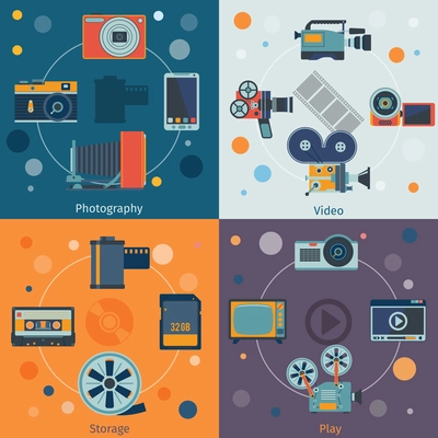 Photo video icons flat set of photography storage play isolated vector illustration