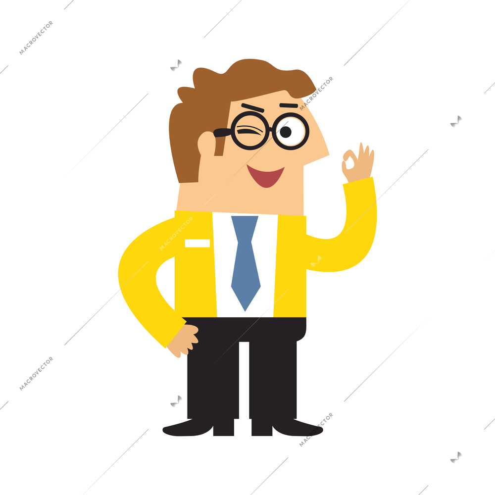 Staff emotions poses composition with isolated cartoon style character of winking business worker vector illustration
