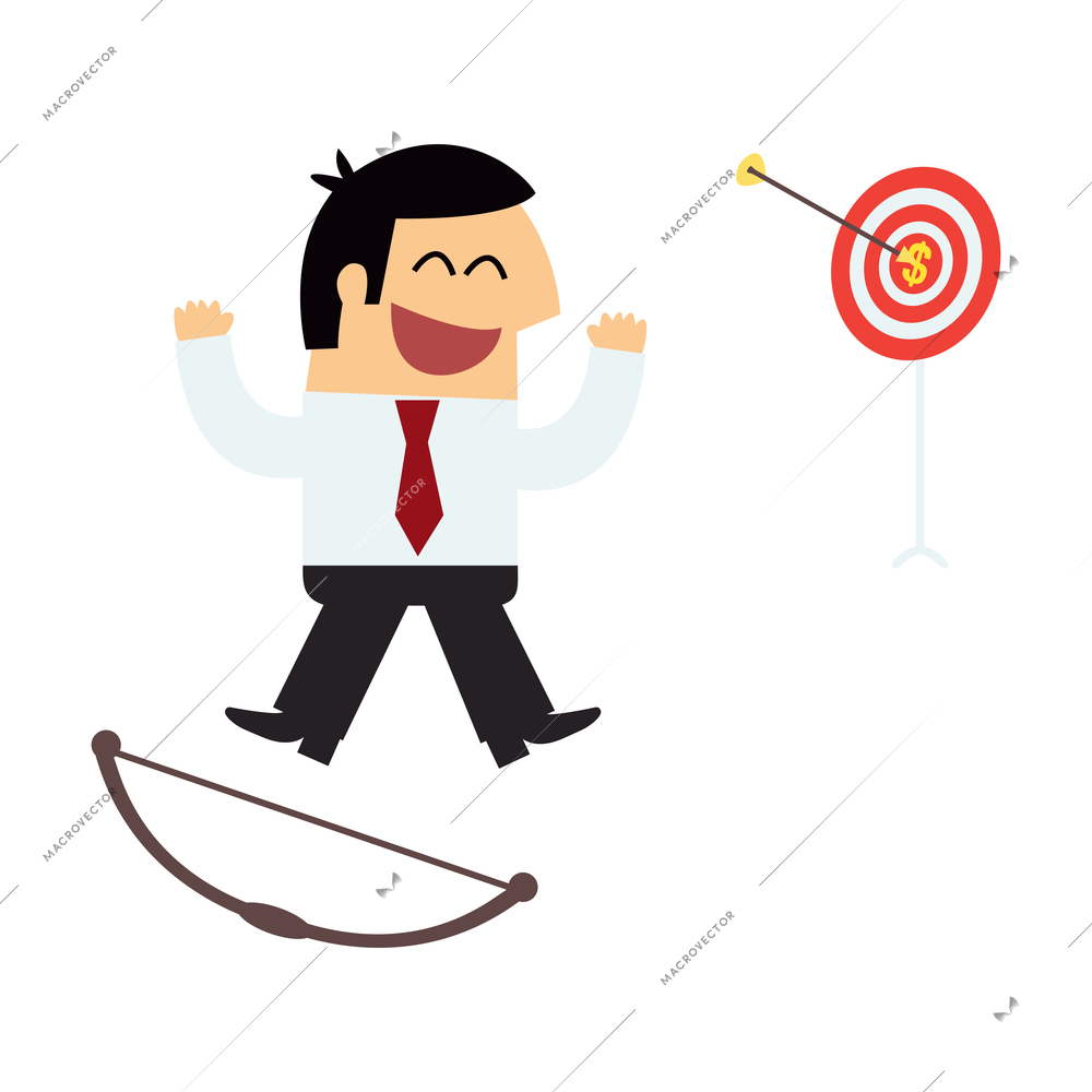 Business purpose composition with isolated cartoon style character of happy manager with arrow reached target vector illustration