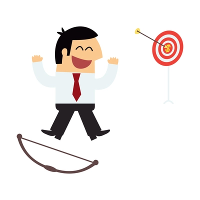 Business purpose composition with isolated cartoon style character of happy manager with arrow reached target vector illustration