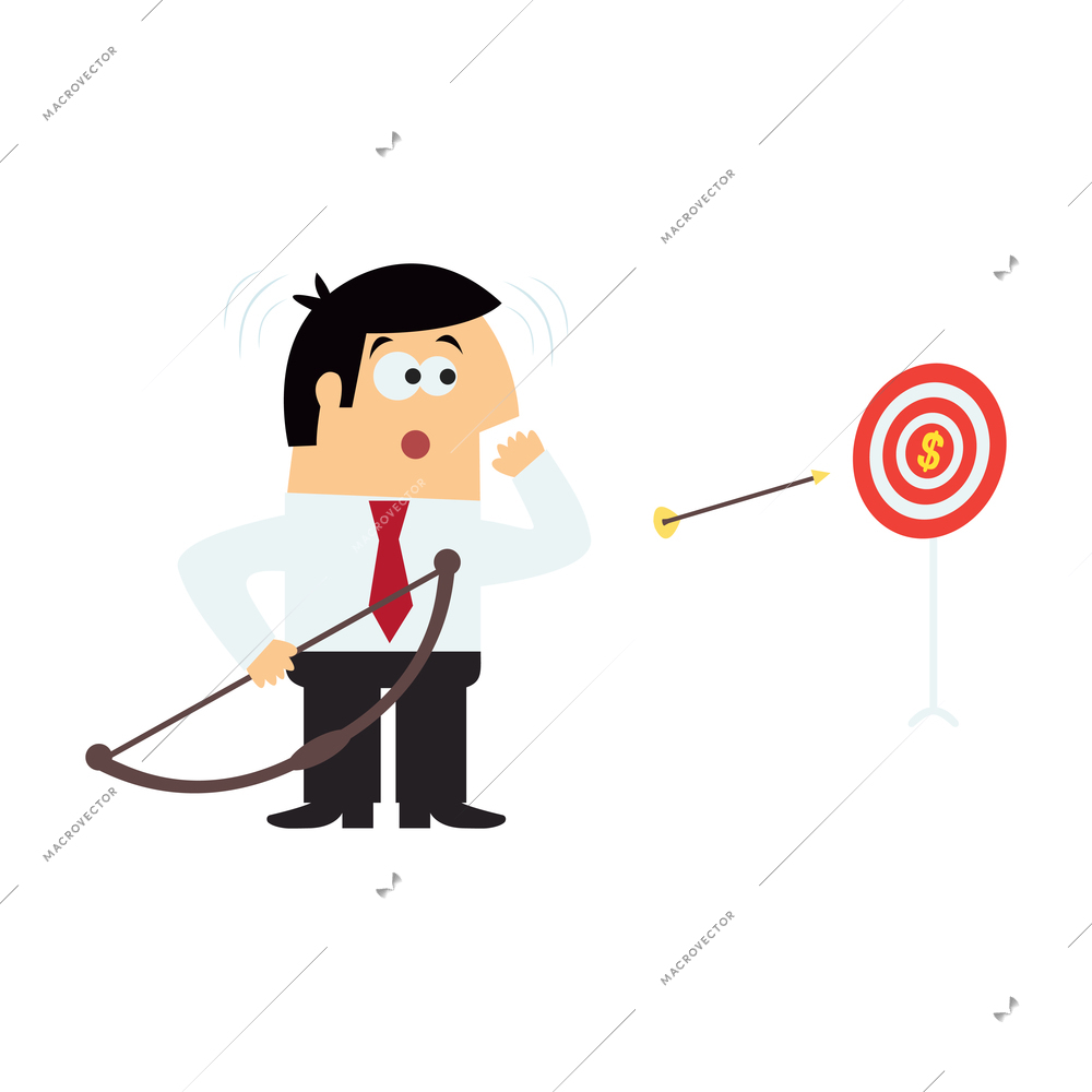 Business purpose composition with isolated cartoon style character of manager with arrow flying to target vector illustration