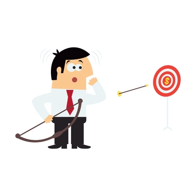 Business purpose composition with isolated cartoon style character of manager with arrow flying to target vector illustration