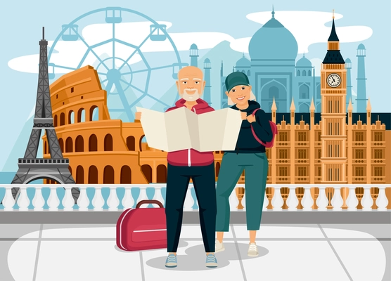 Elderly people travel composition with doodle style characters of old couple in front of famous landmarks vector illustration