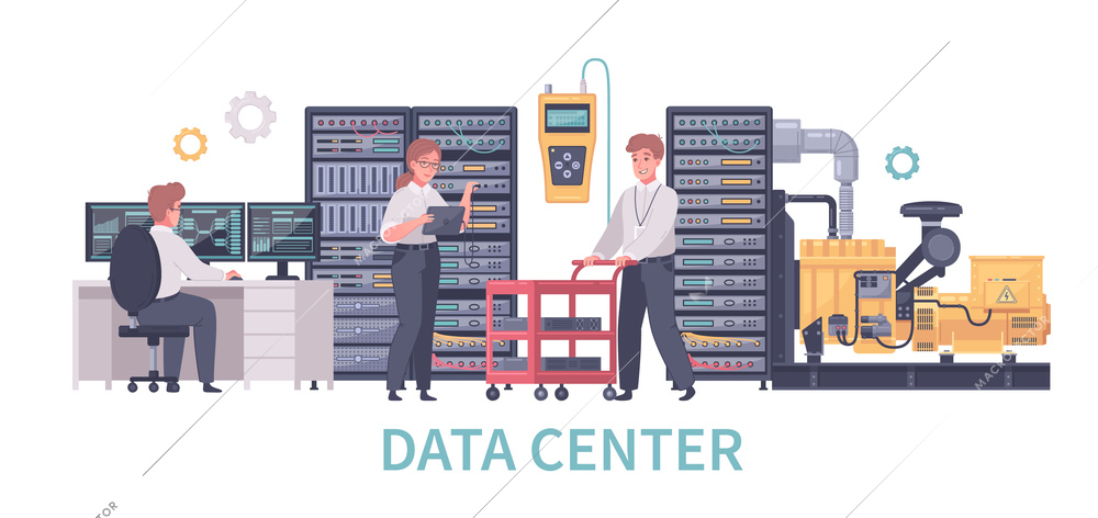 Datacenter cartoon composition with gear icons and characters of working technicians with computer and server racks vector illustration