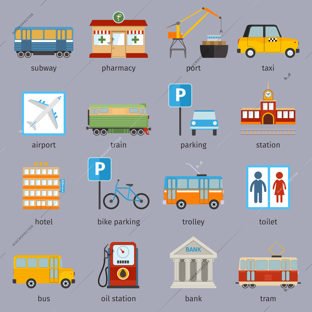 City infrastructure icons set with subway pharmacy port taxi isolated vector illustration