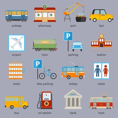 City infrastructure icons set with subway pharmacy port taxi isolated vector illustration