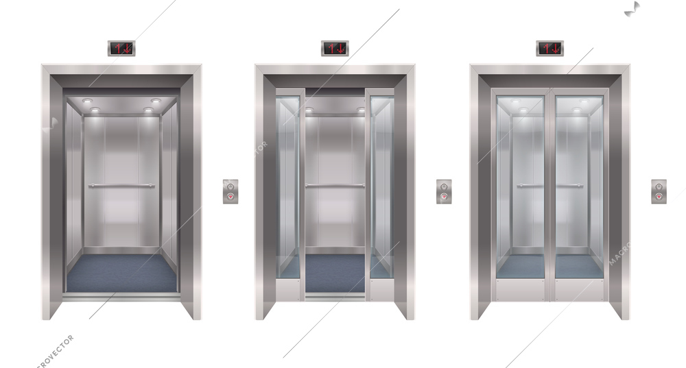 Elevator door realistic set of three front views of entrance to elevator with silver side post vector illustration