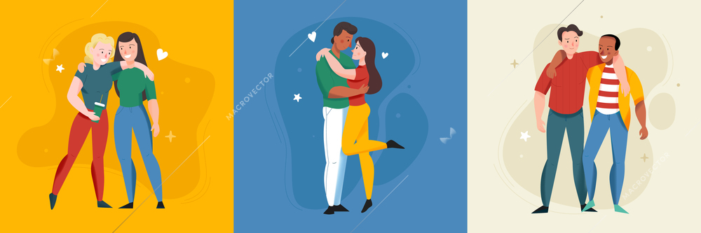 Lonely and together square set with romance symbols flat isolated vector illustration