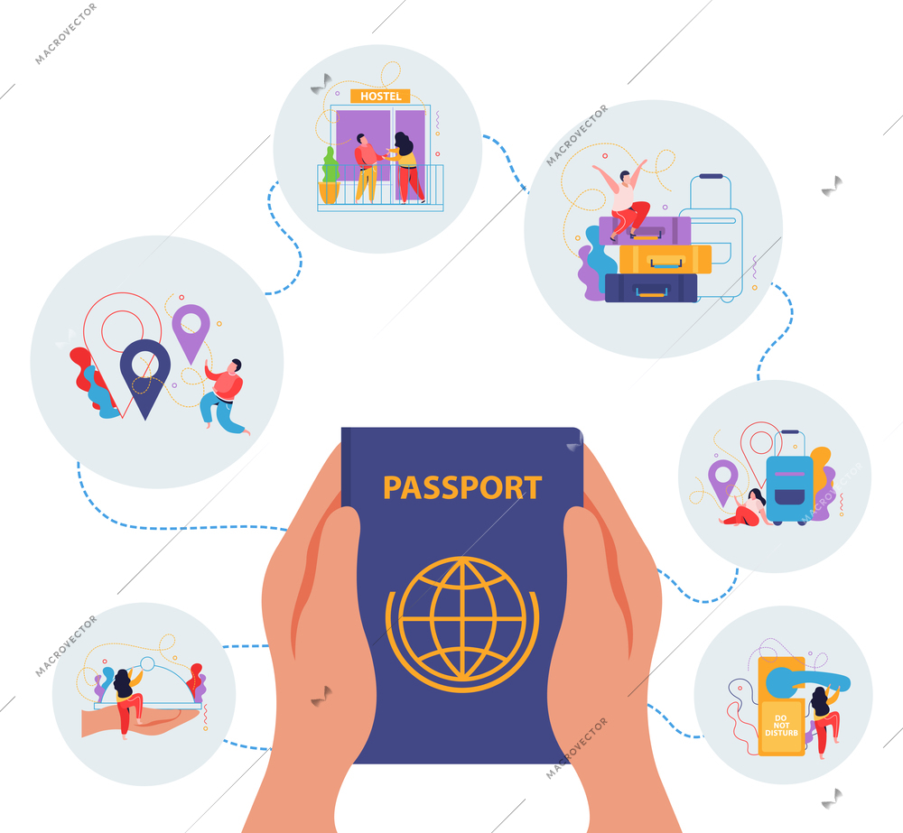 Hostel flat background with human hands holding passport and round icons with happy tourists vector illustration