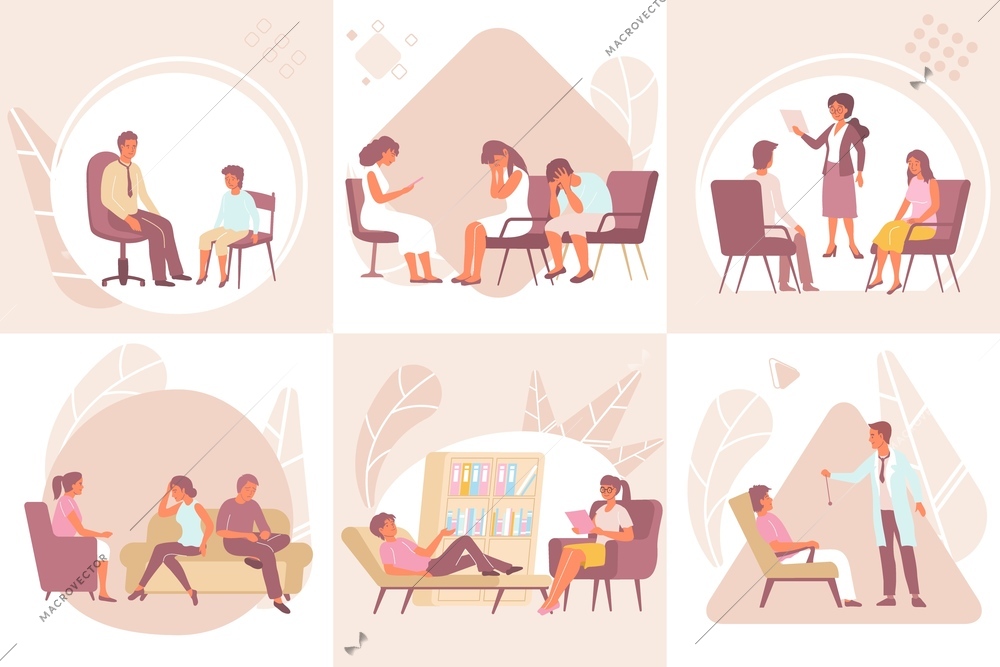 Flat psychology individual and family therapy composition set with men women children getting psychological help isolated vector illustration