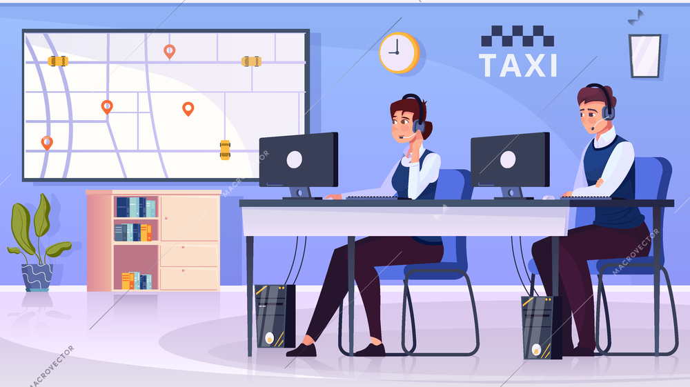 Two taxi dispatchers working in the office flat vector illustration