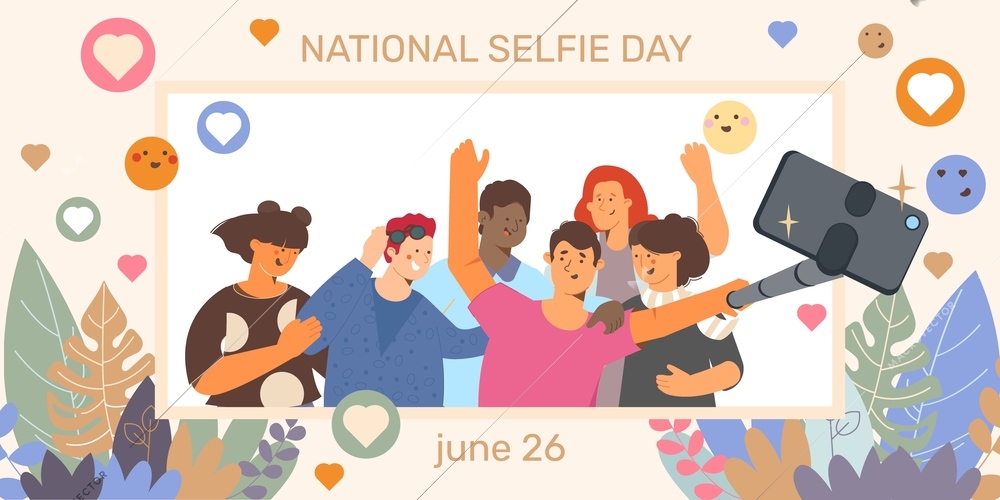 National selfie day card featuring happy people with selfie stick flat vector illustration