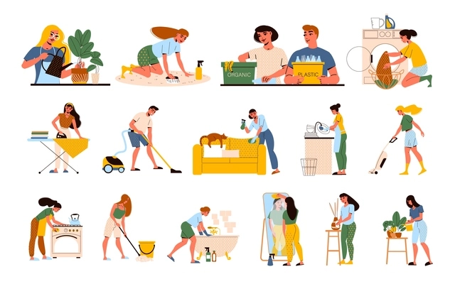 Flat set with characters cleaning up house doing laundry cooking ironing mopping floor washing dishes bath mirror isolated vector illustration