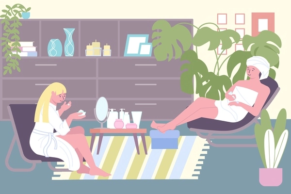 Cosmetic home care flat composition with indoor scenery and two women relaxing and applying cosmetic products vector illustration