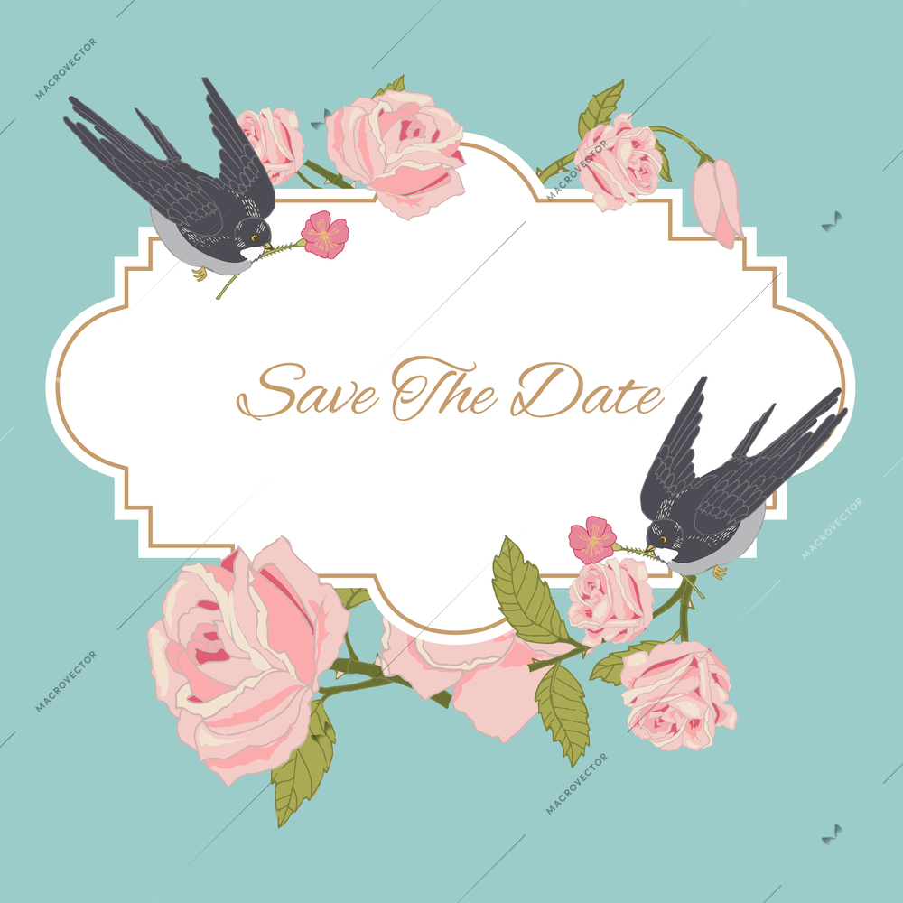 Vintage rose flowers wedding invitation save the date postcard with birds vector illustration.