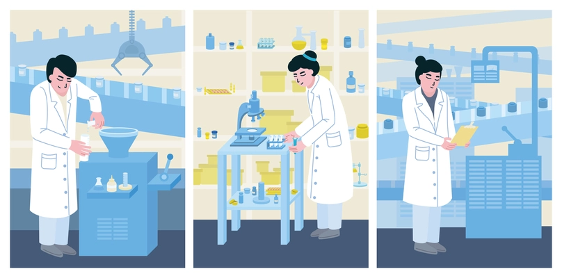 Colored banner of a medical production plant with a conveyor belt of machine tools and people in white coats flat vector illustration