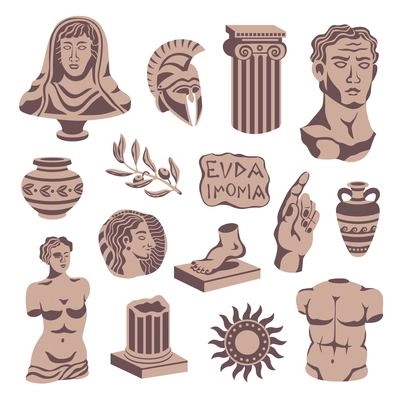 Antique statues set of isolated icons with portrait sculptures pillars bowls and signboard with classical profile vector illustration